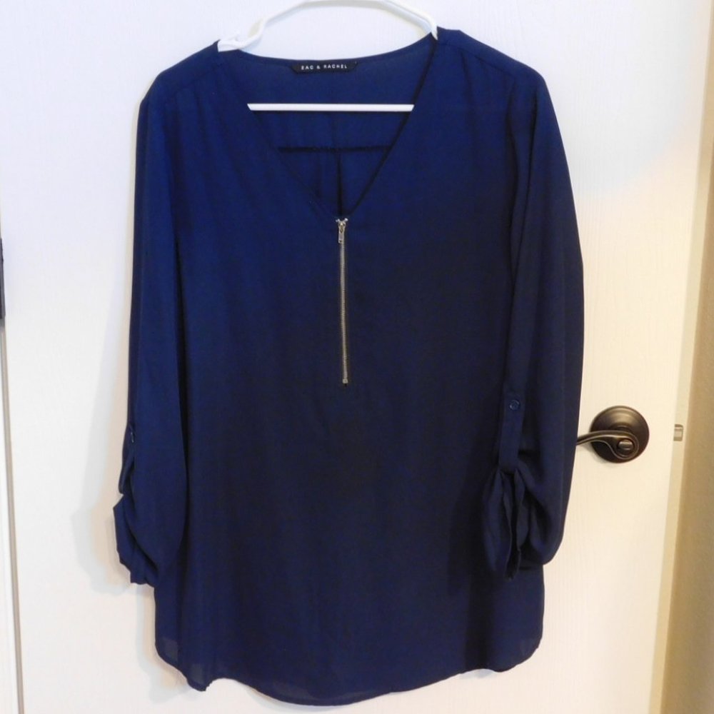 Zac & Rachel Blue zip front blouse top long sleeve w/ button up tab semi-sheer